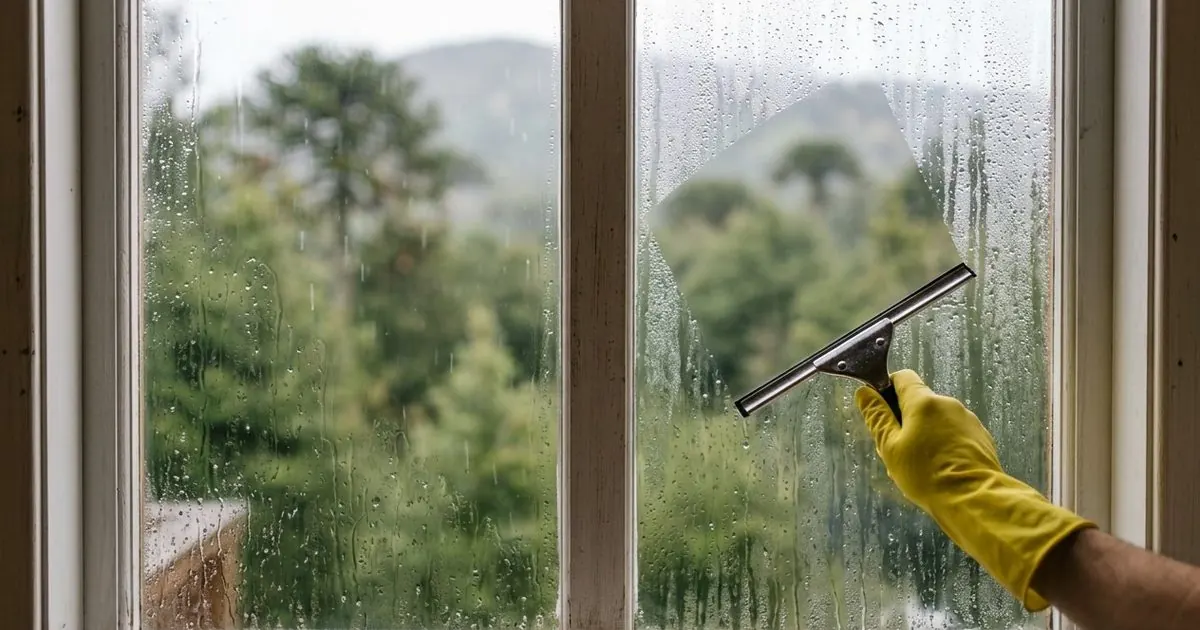 Mano con guante secando la condensación de una ventana con una barra limpiavidrios en un día de lluvia